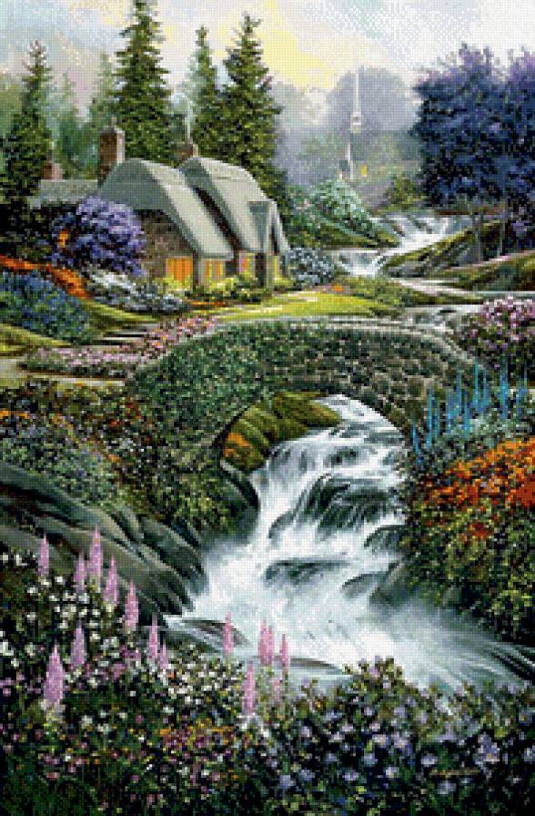 Домик у бурной речки - лето, домик, природа, пейзаж, река, мостик - предпросмотр