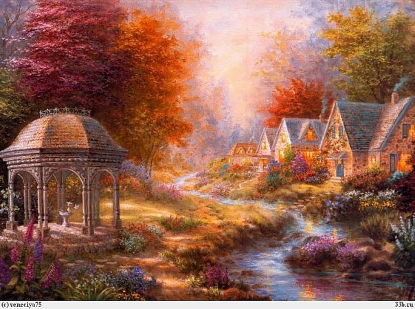 ники боэм 13 беседка осень - ручей, бесндка, деревня, ники боэм, пейзаж, осень, картина - оригинал