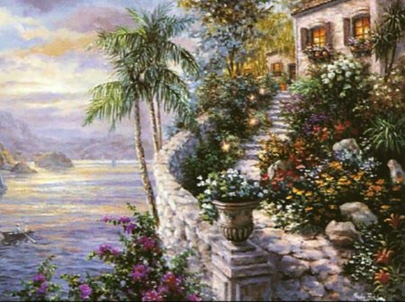 ники боэм 24 лестница к дому - весна, лето, домик, ники боэм, садик.цветы, пейзаж - оригинал