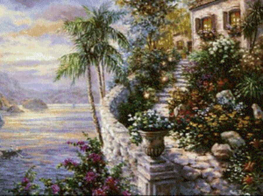 ники боэм 24 лестница к дому - садик.цветы, ники боэм, лето, домик, пейзаж, весна - предпросмотр