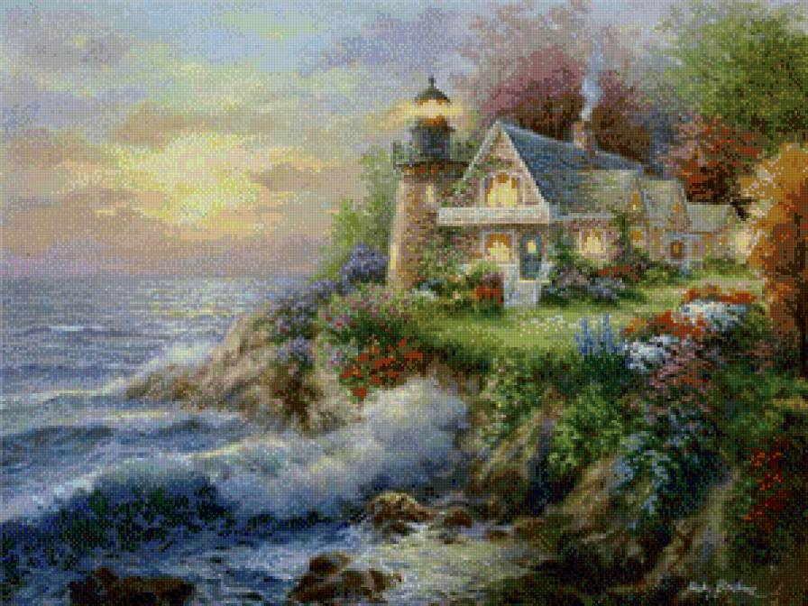 ники боэм 31 цветы у маяка - пейзаж, маяк, ники боэм, садик, лето, цветы, домик - предпросмотр