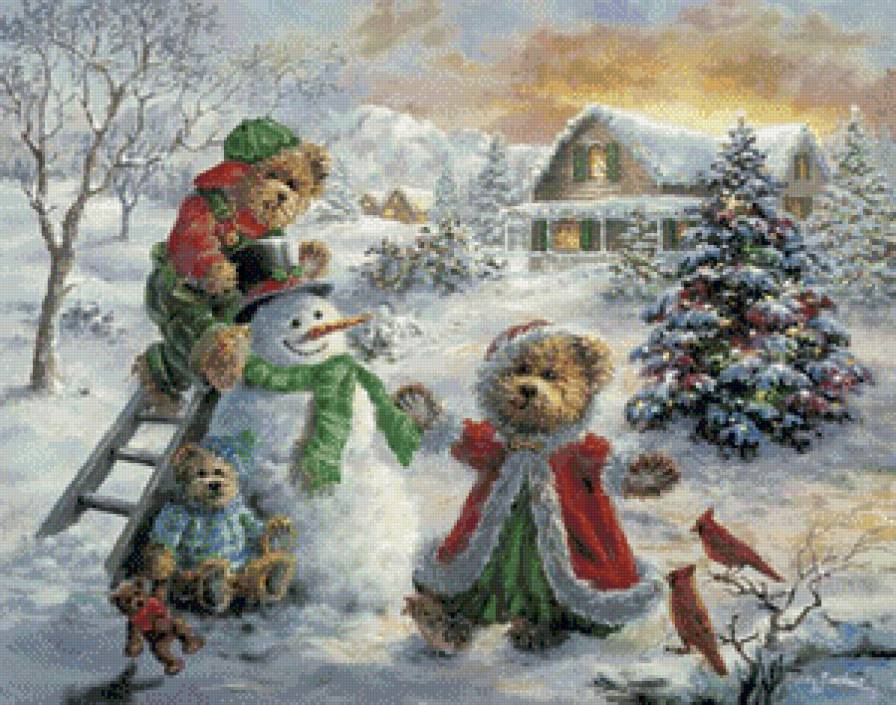 ники боэм 40 снеговик и медвежата - праздник, зима, ники боэм, рождество, снеговик, дом, медведь, медвежата - предпросмотр