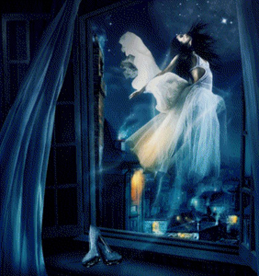 feeling of freedom - девушка, окно, платье, ночь, полет - предпросмотр