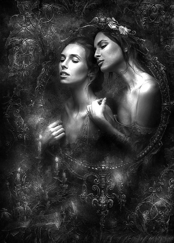Renaissance - черно-белое, двое, зеркало, отражение - оригинал