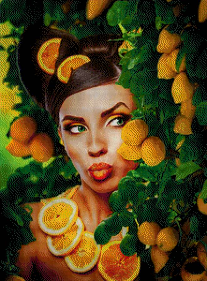 Under The Lemon Tree - девушка, цитрус, портрет, зеленый, оранжевый, лимон, дерево - предпросмотр
