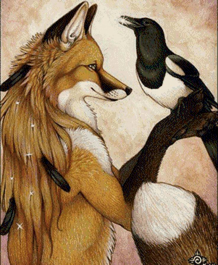 Тотем"Лиса и сорока" - лиса, птицы, животные - предпросмотр