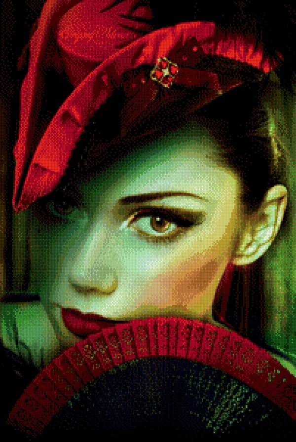 Девушка с веером - красавица, дама, девушка, фэнтези - предпросмотр