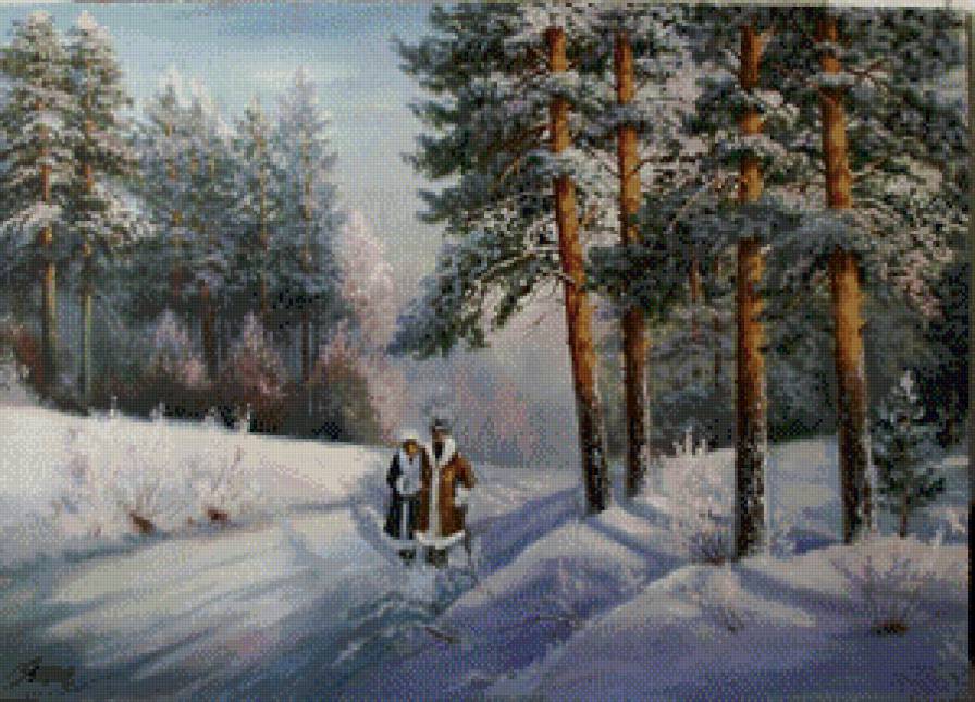 прогулка по зимнему лесу - пара, зима, сосны, пейзаж, снег, картина, дорога, прогулка, лес - предпросмотр