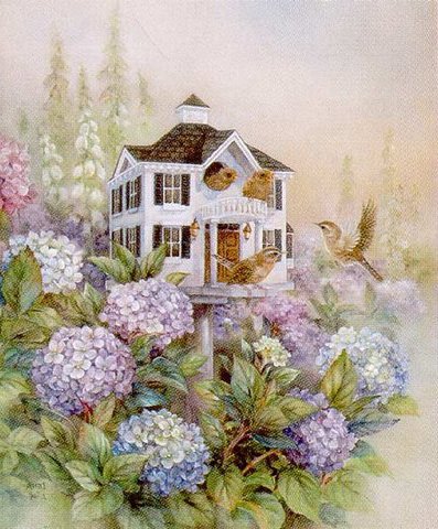 птицы и гортензии - домик, гортензиии, цветы, птички, серия птицы - оригинал