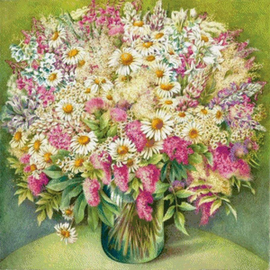 полевые цветы - белые цветы, букет, ромашки, полевые цветы, лиловые цветы, ромашка - предпросмотр