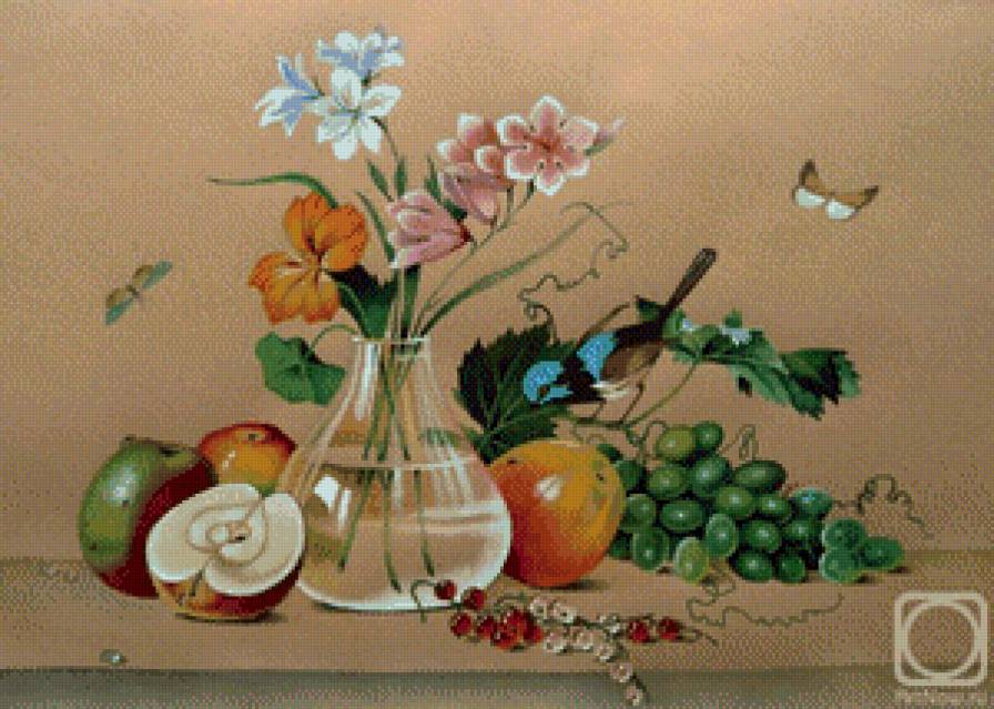 Натюрморт - натюрморт, цветы, бабочки, птичка, фрукты - предпросмотр