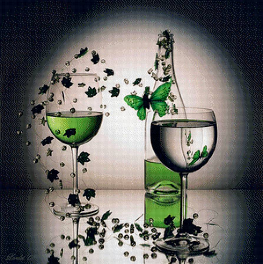 Натюрморт - бокал вина, натюрморт, бабочки - предпросмотр