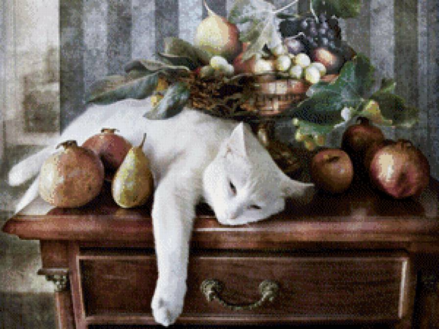 белый кот с фруктами - фрукты, кот - предпросмотр