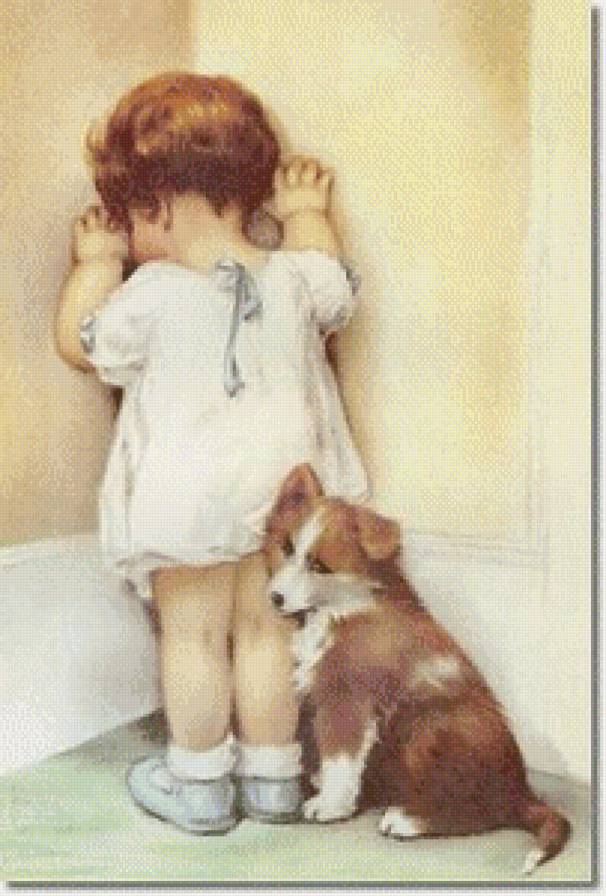 верный друг - щенок, собака, картина, девочка, друг, дети - предпросмотр