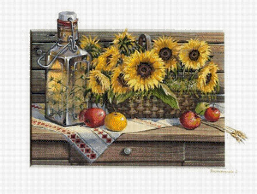 Натюрморт с подсолнухами - натюрморт, фрукты, цветы - предпросмотр