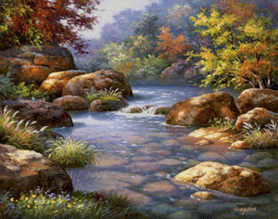 осенний пейзаж - осень, река, вода, пейзаж, лес, деревья - предпросмотр