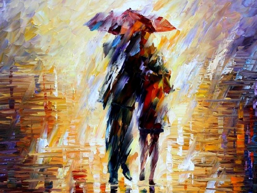 под дождем - люди, осень, картина - оригинал