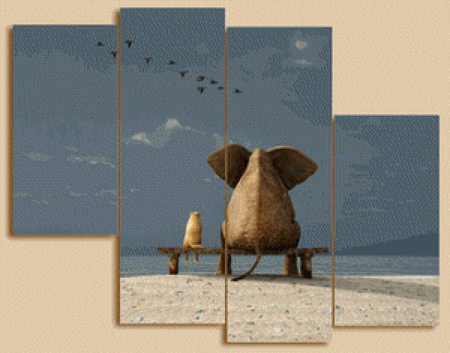 №570038 - слон, кошка, берег, триптих - предпросмотр