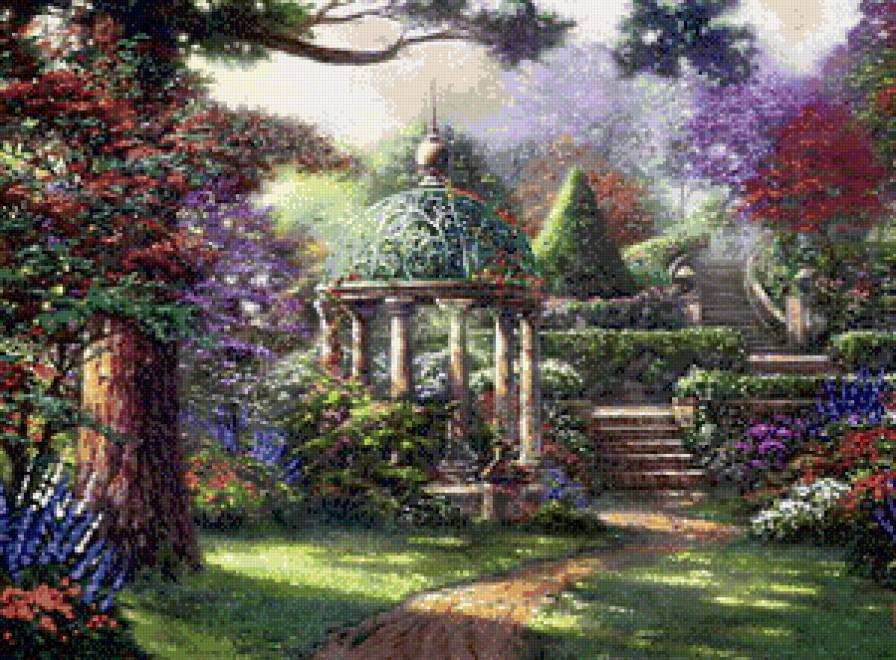Цветущая беседка - парк, беседка, пейзаж, цветы, лето - предпросмотр