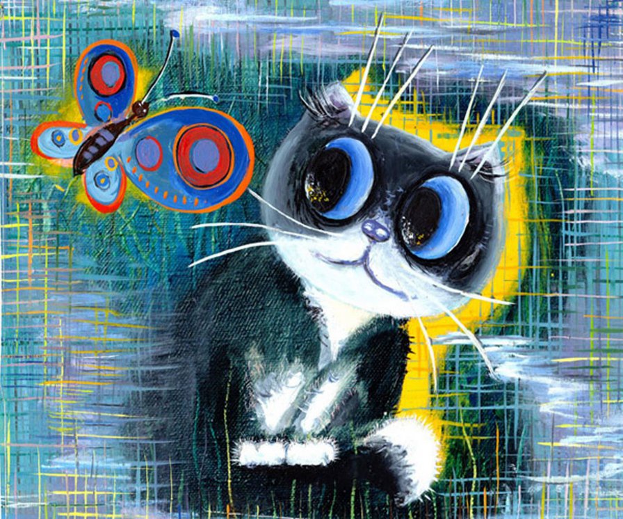 Котик с бабочкой - бабочки, коты, абстракция, животные - оригинал