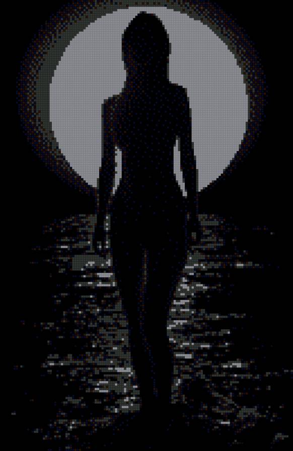 На лунной дорожке - девушка, ночь, монохром - предпросмотр