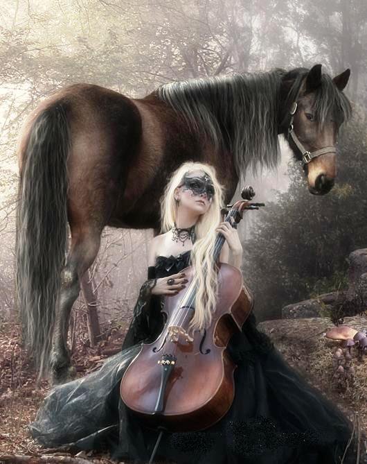 №571148 - лошадь, девушка, готика, лес, животное, музыкант - оригинал