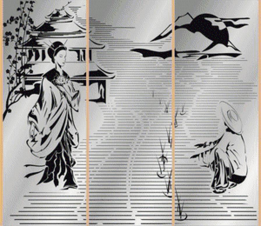 Восточно-азиатский мотив.Триптих.Монохром - любовь, азия, парень, пейзаж, восток, пагода, девушка, монохром, сакура - предпросмотр