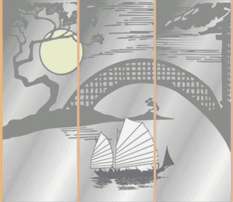 Восточно-азиатский мотив.Триптих.Монохром - восток, азия, пейзаж, китайские джонки, китай - предпросмотр
