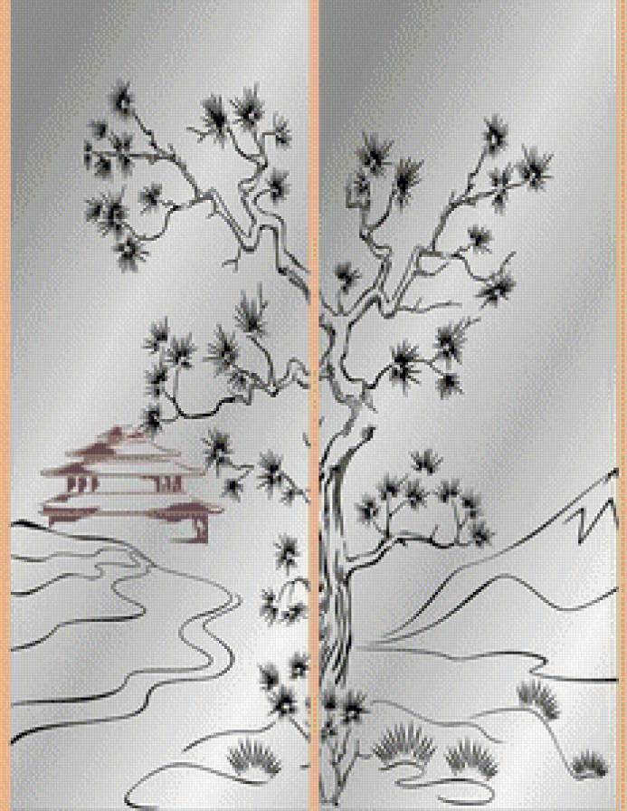 Восточно-азиатский мотив.Диптих - восток, азия, сосна, монохром, пейзаж, пагода - предпросмотр