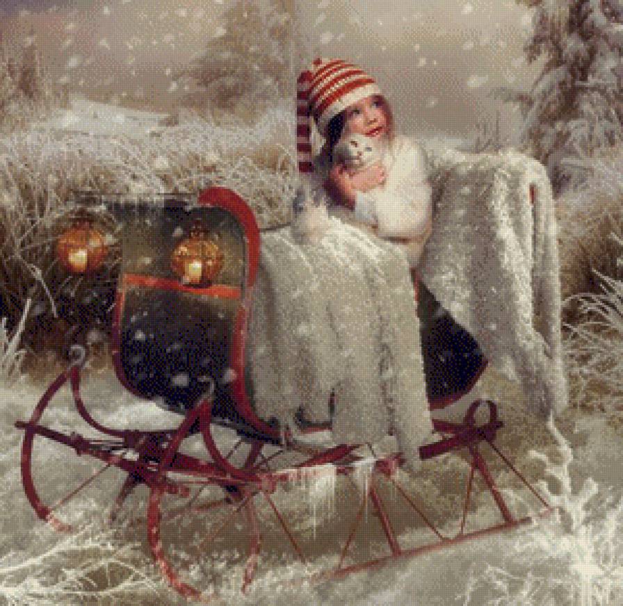 №571242 - ребенок, сани, зима, снег, кошка - предпросмотр