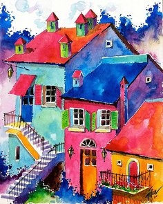 акварель - яркие, городок, домики, дома, дом - оригинал