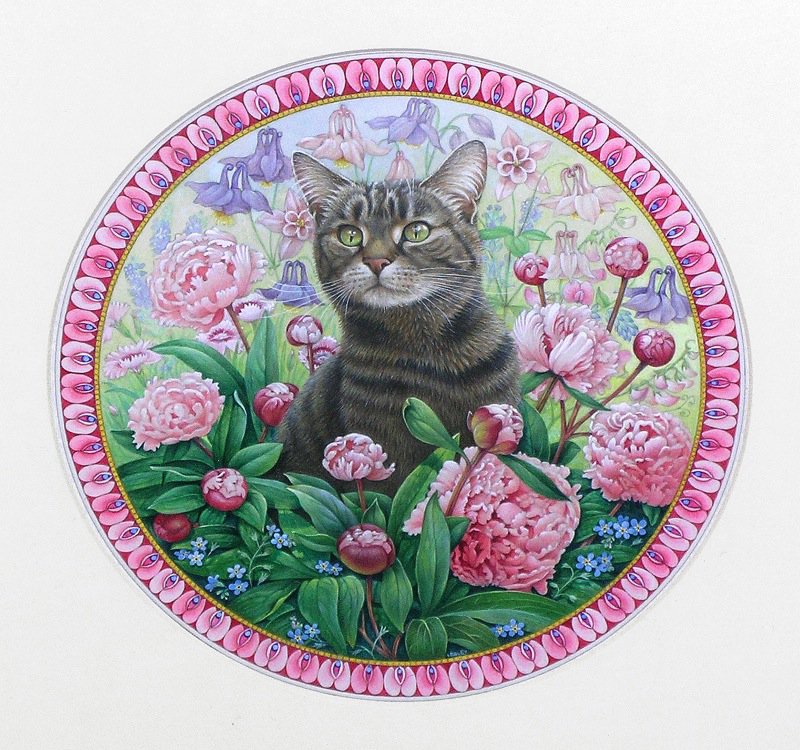 Кот в пионах - кошки, живопись, цветы, подушка, животные - оригинал