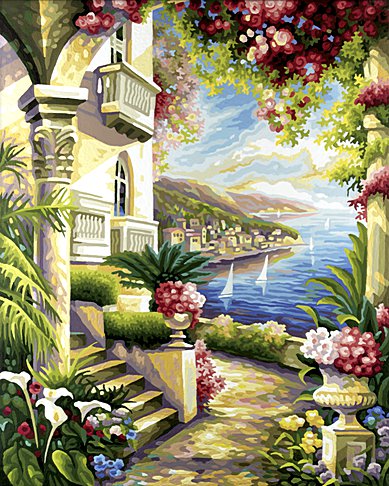 Домик с видом на океан - сад, домик, цветы, океан, пейзаж, паруса - оригинал