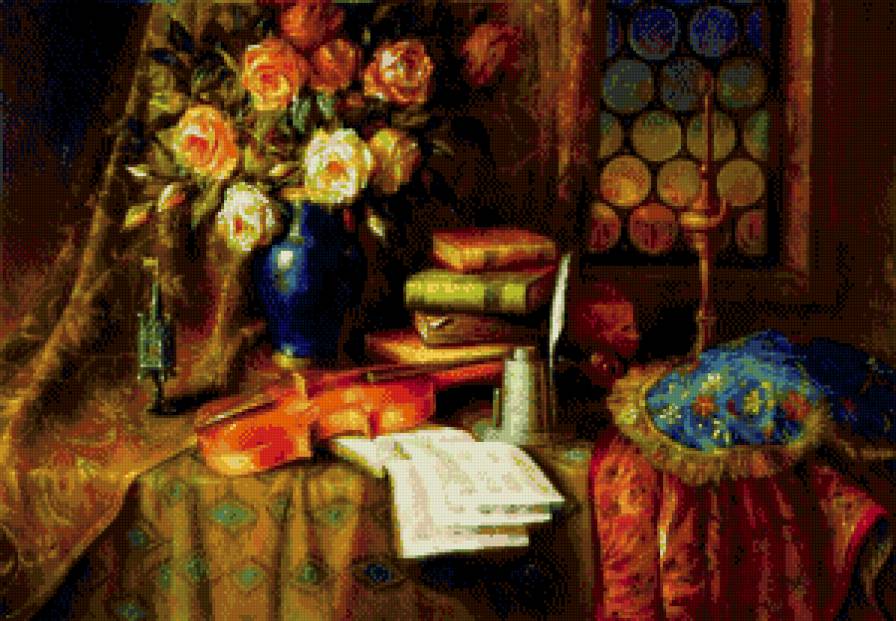 Натюрморт - скрипка, натюрморт, букет - предпросмотр