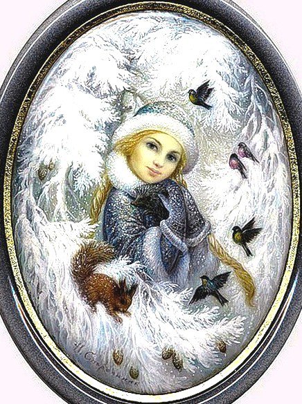 снегурочка - птицы, снег, природа, животные, девушка - оригинал