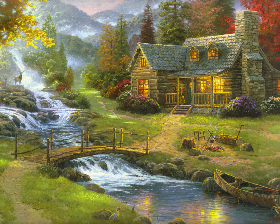 домик - река, лес, горы, дом - оригинал