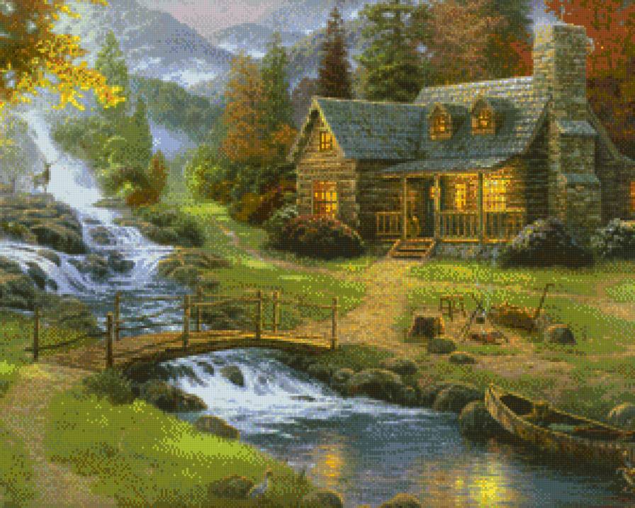 домик - лес, дом, река, горы - предпросмотр