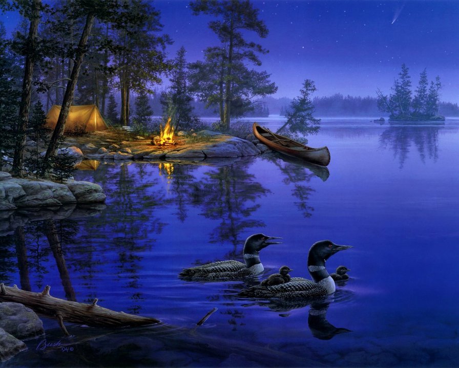 костер на берегу - лес, река, костер - оригинал