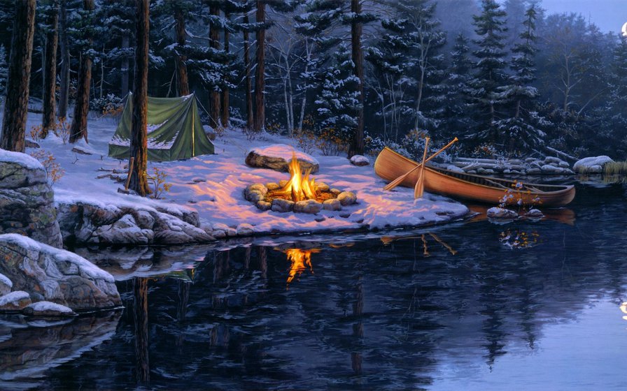костер на берегу - костер, река, лес - оригинал