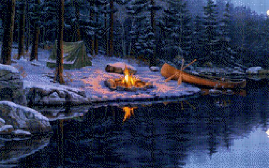 костер на берегу - костер, река, лес - предпросмотр