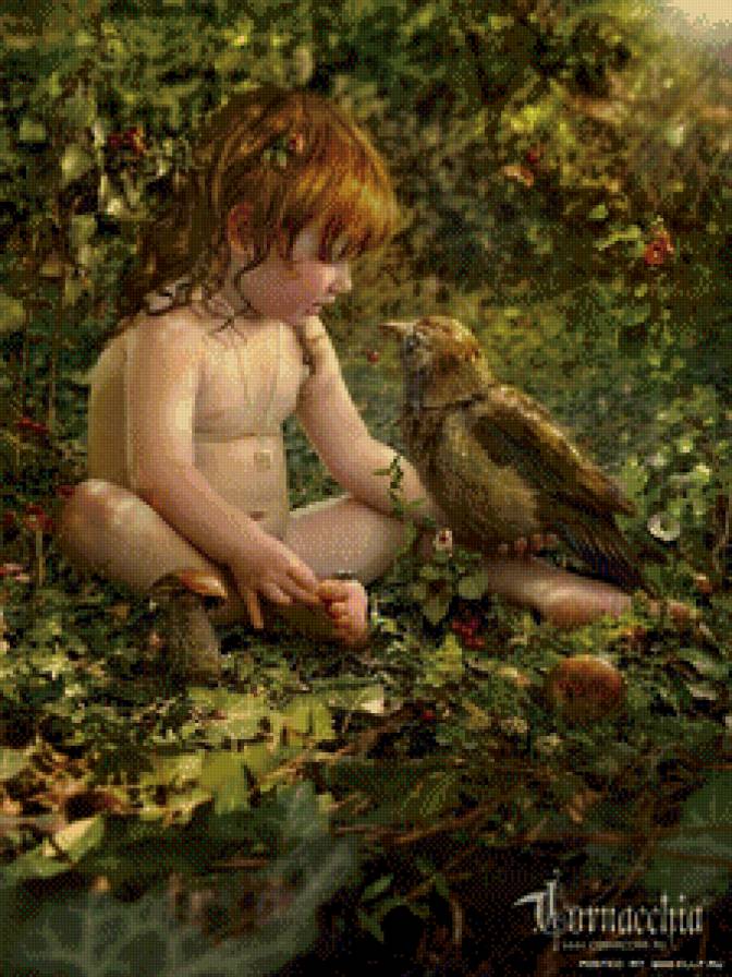 слияние с природой - мальчик, лес, птица, дети, ворон, картина - предпросмотр