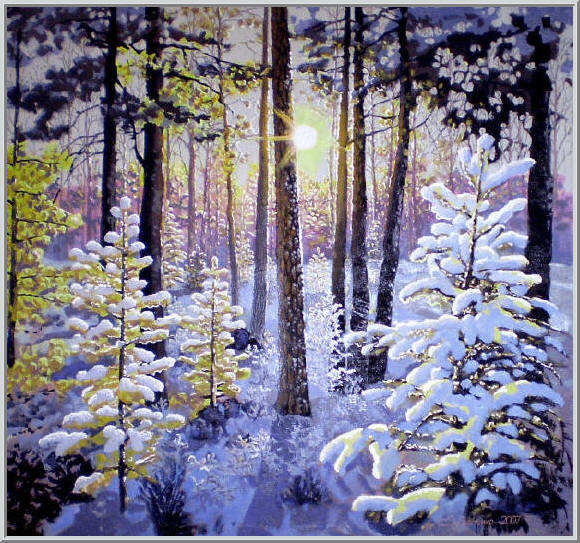 солнечное утро в зимнем лесу - сосна, пейзаж, ели, зима, снег, елки, дерево, сугроб, лес, природа - оригинал