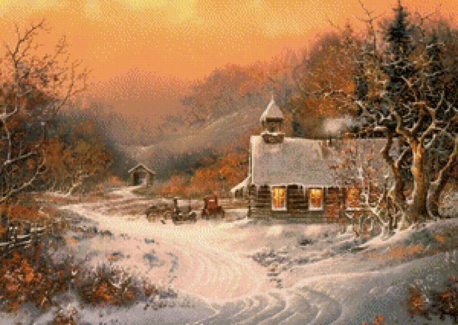 тед хермит 7 зимние домики - церковь, лес, снег, зима, река, дорога, тед хермит, хижина, домик - предпросмотр