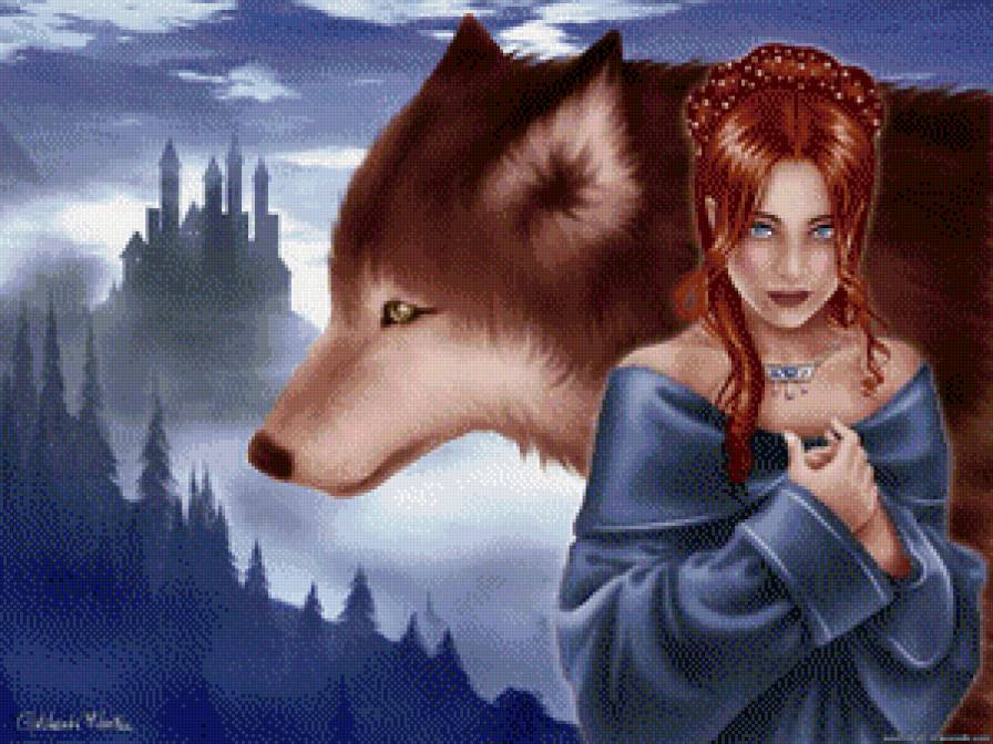 Девушка и волк - красавица, фэнтези, девушка, волк, животные - предпросмотр