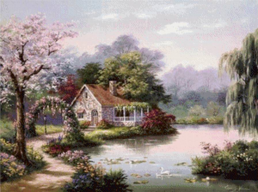 домик у пруда - пейзаж - предпросмотр