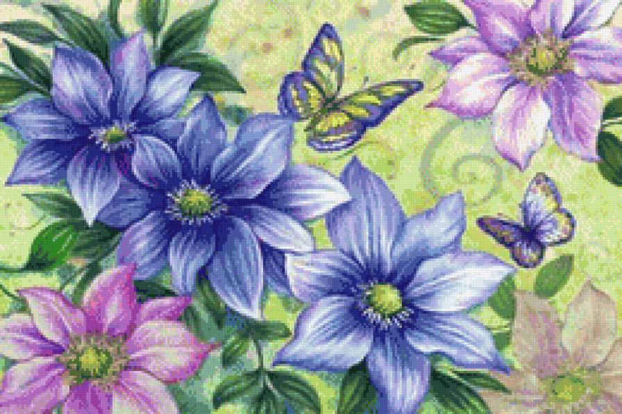 Цветочное панно - бабочка, клематисы, клематис, красота, флора, бабочки, панно - предпросмотр