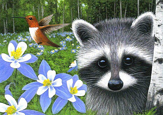 Енотик - цветы, животные, еноты, птичка - оригинал