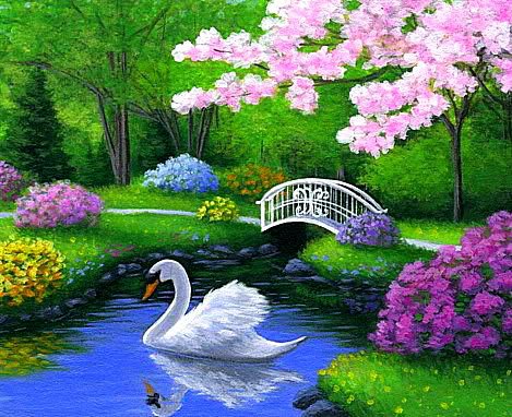 А белый лебедь на пруду... - мостик, картина, пейзаж, лебеди, озеро, птицы, пруд - оригинал