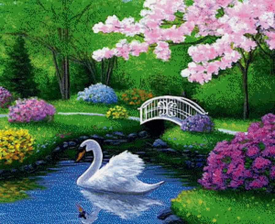А белый лебедь на пруду... - пруд, лебеди, мостик, озеро, птицы, картина, пейзаж - предпросмотр