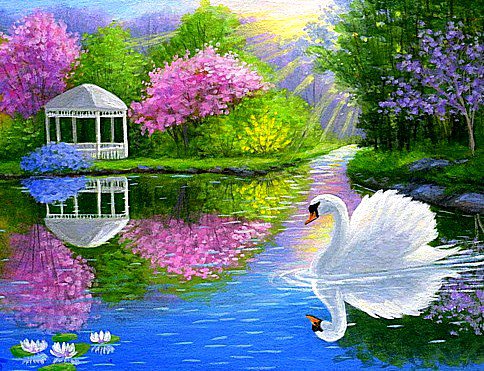 А белый лебедь на пруду... - птицы, лебеди, озеро, беседка, картина, пейзаж, пруд - оригинал
